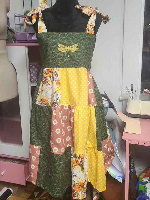 Handmade Patchwork Sundress with Dragonfly Embroi… - image 2