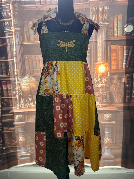 Handmade Patchwork Sundress with Dragonfly Embroi… - image 1