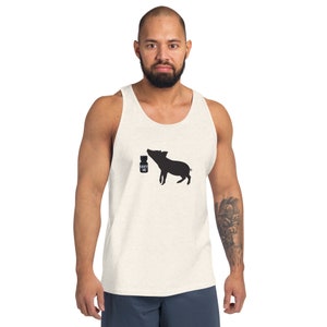 May include: A white tank top with a black silhouette of a pig sniffing a bottle that says "Sniff Me".