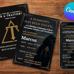 May include: Black and gold invitation cards with the text "A Summons Has Been Issued" and "Will You Be a Faithful... Or a Traitor?" The design includes a hooded figure and a stylized "T" symbol. A smartphone displays the same invitation.