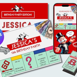 Invitación de cumpleaños con temática de Monopoly / Invitación de cumpleaños editable / Plantilla de Canva / Etiqueta de regalo digital / Etiqueta de regalo imprimible / Invitación telefónica