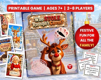 May include: A printable Christmas game titled Who Stole Rudolph's Carrot? featuring a confused reindeer, a Mrs. Claus card, a Reindeer Poop card, and a Candy Cane Forest card. The game includes cards with silly dares, quick fire questions, and singing tasks.