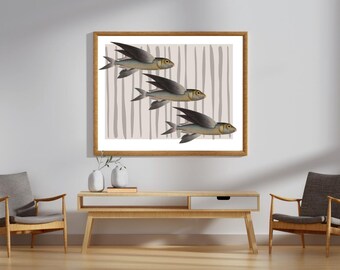 Arte de pez volador, impresión giclée, arte vintage, decoración moderna, arte mural de inspiración retro, sin marco