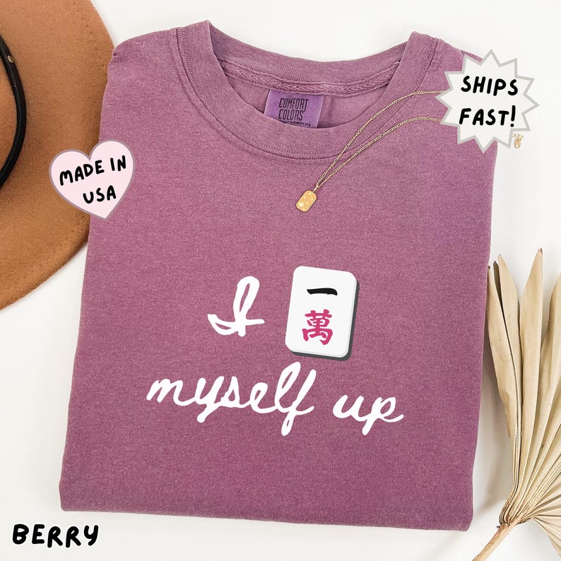 comfort colors berry mahjong shirt with “I crack myself up” design and Crak tile detail, stylish and cozy option for mahjong players who love soft aesthetic colors and humor