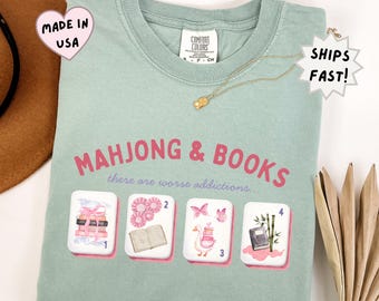 Mahjong and Books Shirt, Book Lover Mahj Tee, Reader Gift, Cozy mahjong book club Tee