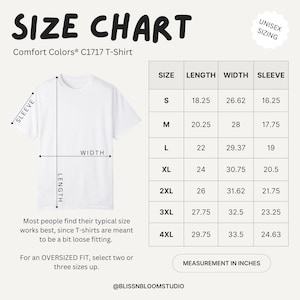 size chart for comfort colors mahjong shirt with detailed measurements, ideal reference for selecting correct size when purchasing gift for mahjong player or friend