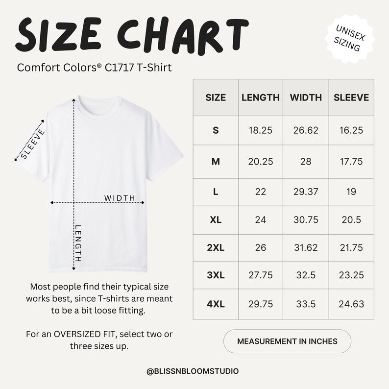 size chart for comfort colors mahjong shirt with detailed measurements, ideal reference for selecting correct size when purchasing gift for mahjong player or friend