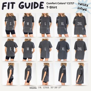 May include: A Comfort Colors C1717 unisex t-shirt fit guide featuring a grid of charcoal gray shirts in sizes S through 2XL. The image displays front, back, and side views with visible measurements in inches for length and width on each shirt.