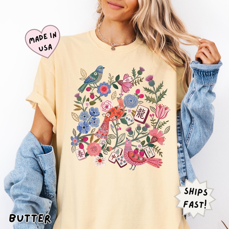 Floral Mahjong Shirt, Boho hidden Tile Tee, Crack Dot Bam subtle tiles, Mahj crew group shirt, Mahjong lovers Gift, Girls Game Night Shirt Butter