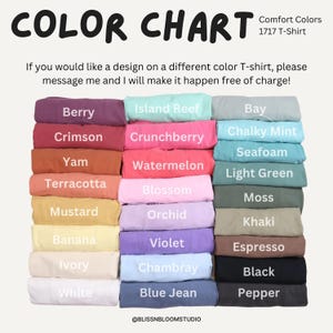 comfort colors color chart displaying all available shades for “I crack myself up” mahjong shirt, including bay, terracotta, orchid, and more, perfect for choosing favorite color