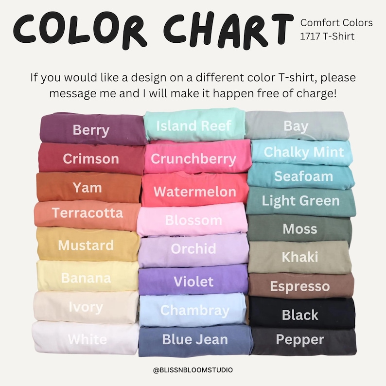 comfort colors color chart displaying all available shades for “I crack myself up” mahjong shirt, including bay, terracotta, orchid, and more, perfect for choosing favorite color