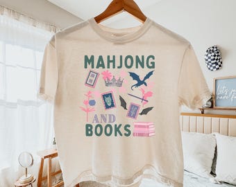 comfort colors Mahjong and Books crop t-shirt, Book Lover Mahj Tee, Romantasy reader Gift, Cozy mahjong book club crop tee