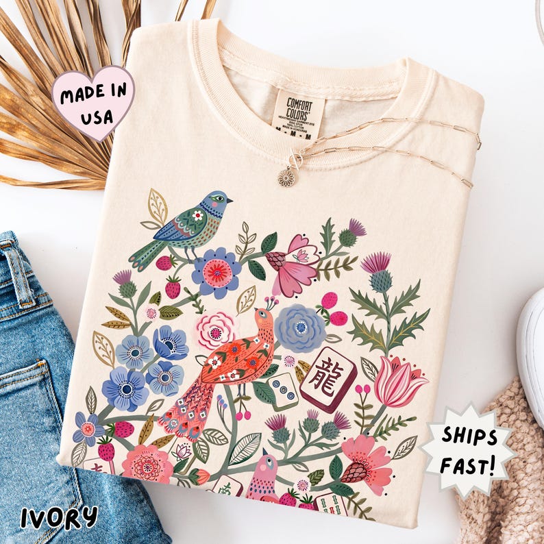 Floral Mahjong Shirt, Boho hidden Tile Tee, Crack Dot Bam subtle tiles, Mahj crew group shirt, Mahjong lovers Gift, Girls Game Night Shirt Ivory