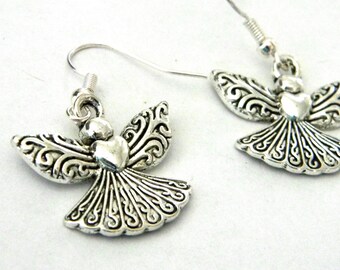 Silver Heart Angel Earrings Silver Color Dangle Earrings