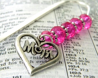 Mom Bookmark with Hot Pink Glass Beads Silver Color Shepherd Hook Steel Bookmark