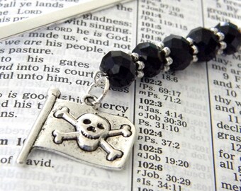 Pirate Flag Bookmark with Black Glass Beads Shepherd Hook Steel Bookmark Silver Color