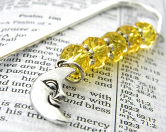 Moon Bookmark with Yellow Glass Beads Shepherd Hook Steel Bookmark Silver Color Crescent Man in the Moon