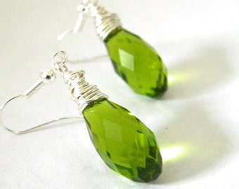 Peridot Green Glass Wire Wrapped Drop Earrings