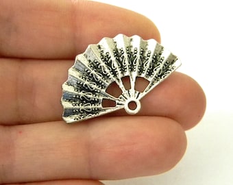 Large Fan Charms Set of Four Silver Color 21x35mm Double Sided