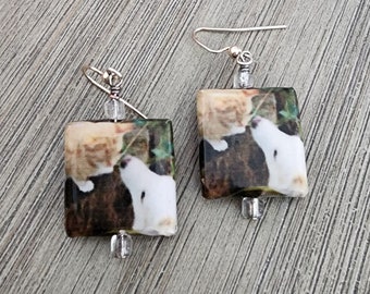 Decoupage Cat and Dog Earrings, Pet Dangle Earrings  Orange Tabby Cat and White Dog Animal Friends