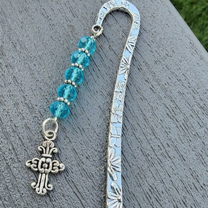 Cross Flower Bookmark with Aqua Blue Glass Beads Shepherd Hook Bookmark Silver Color