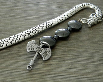 Detailed Dragon Bookmark with Axe Charm Shepherd Hook Bookmark Hematite Beads Silver Bookmark