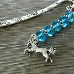 Horse Bookmark with Aqua Blue Glass Beads Flower Short Shepherd Hook Bookmark Silver Color image 1