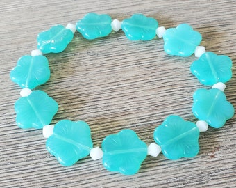 Aqua Flower Glass Stretch Bracelet with White Colored Beads Czech Glass