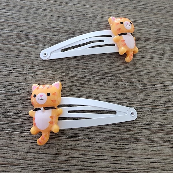 Orange Tabby Cat Hair Clips, Set of Two White Hair Clips, Metal Snap Barrette 50mm