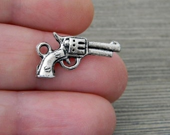 Pistol Charms Set of 8 Silver Color 11x21mm, Gun Charms, Revolver Charms