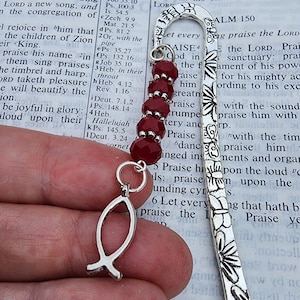 Jesus Fish Flower Bookmark with Red Glass Beads Silver Color Shepherd Hook