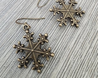 Large Snowflake Antique Bronze Color Earrings Dangle Earrings Winter Earrings