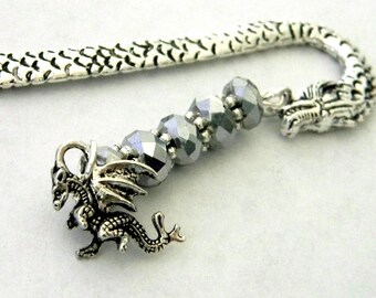 Detailed Dragon Bookmark with Silver Glass Beads Shepherd Hook Bookmark Silver Color