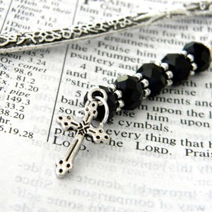 Cross Bookmark with Black Glass Beads Silver Color Shepherd Hook Christian Bookmark