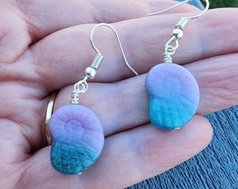 Purple and Blue Shell Dangle Earrings Czech Glass Coastal Earrings Nautilus Ammonite