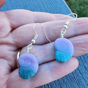 Purple and Blue Shell Dangle Earrings Czech Glass Coastal Earrings Nautilus Ammonite