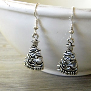 Detailed Christmas Tree Earrings Silver Color Dangle Holiday Earrings