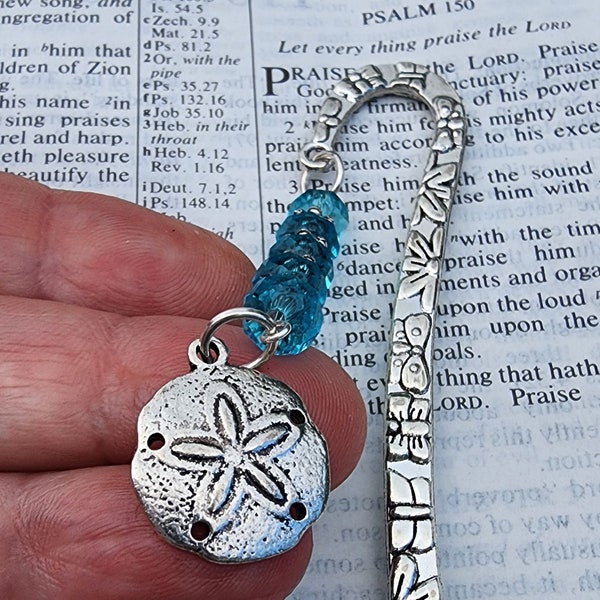 Sand Dollar Flower Bookmark with Aqua Blue Glass Beads Shepherd Hook Bookmark Silver Color