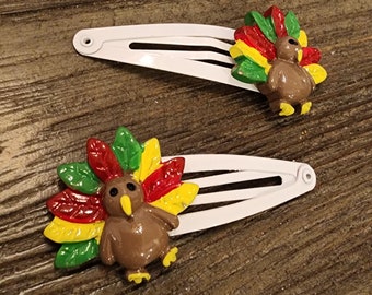 Turkey Hair Clips, Set of Two White Hair Clips, Metal Snap Barrette 50mm, Thanksgiving Hair Clips