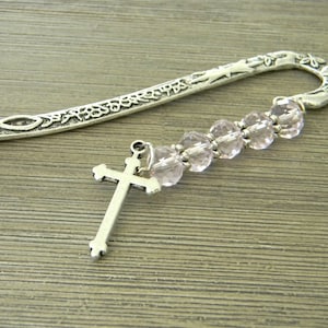 Cross Bookmark with Pink Glass Beads Silver Color Shepherd Hook Christian Bookmark