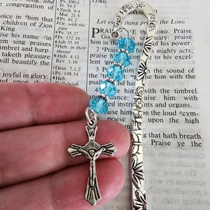 Crucifix Cross Flower Bookmark with Aqua Blue Glass Beads Shepherd Hook Bookmark Silver Color