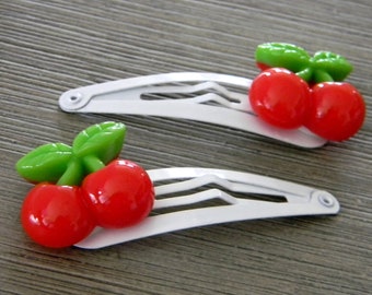 Red Cherry Hair Clips, Set of Two White Hair Clips, Metal Snap Barrette, 50mm Fruit Hair Clip