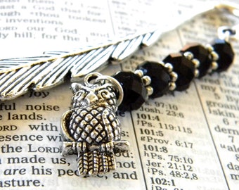 Owl Feather Bookmark with Black Colored Glass Beads Shepherd Hook Silver Color Steel Bookmark