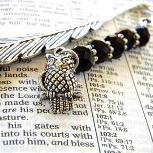 Owl Feather Bookmark with Black Colored Glass Beads Shepherd Hook Silver Color Steel Bookmark