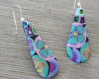 Poly Clay Sterling Silver Earrings, Dangle Earrings, Flower Earrings, Artisan Earrings Purple and Aqua