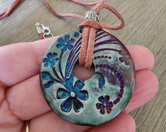 Raku Pendant Suede Long Necklace Floral Pendant Blue and Purple 26 Inch ...