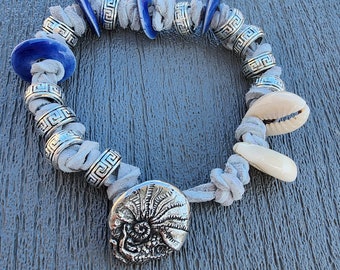 Nautilus Button Bracelet Button Closure Leather Bracelet Blue Mykonos Ceramic Beads
