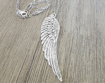 Large Wing Pendant Long Chain Necklace, 28 Inch Silver Chain Necklace,  Lobster Clasp