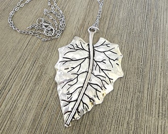 Large Leaf Pendant Long Chain Necklace, 28 Inch Silver Chain Necklace,  Lobster Clasp