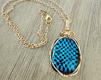 Blue Glass Wire Wrapped Pendant Gold Colored Chain 18 Inch Necklace